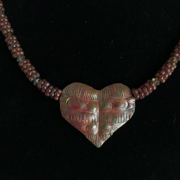 Vintage Copper Heart Choker Necklace Swarovksi Crystal Beads Approx 15” Toggle - Picture 8 of 8